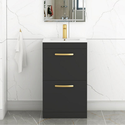 Royal Bathrooms Turin 500mm Floor Standing Vanity Unit Matt Black 2 Drawer Minimalist Basin With Brushed Brass Handles - image 1