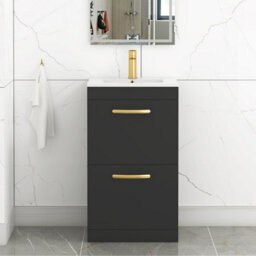 Royal Bathrooms Turin 500mm Floor Standing Vanity Unit Matt Black 2 Drawer Minimalist Basin With Brushed Brass Handles - thumbnail 1