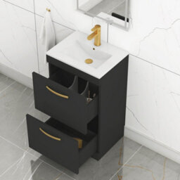 Royal Bathrooms Turin 500mm Floor Standing Vanity Unit Matt Black 2 Drawer Minimalist Basin With Brushed Brass Handles - thumbnail 5