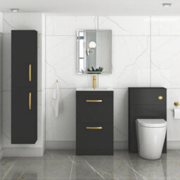 Royal Bathrooms Turin 500mm Floor Standing Vanity Unit Matt Black 2 Drawer Minimalist Basin With Brushed Brass Handles - thumbnail 4