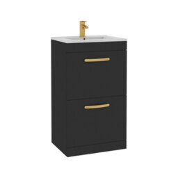 Royal Bathrooms Turin 500mm Floor Standing Vanity Unit Matt Black 2 Drawer Minimalist Basin With Brushed Brass Handles - thumbnail 6