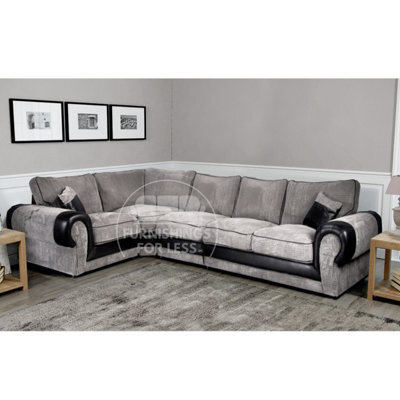 Furnishings For Less UK Large Portland Black And Grey Fabric And Leather Long 5 Seater L Shaped Corner Sofa  Roll Arm Fullback Left Hand Facing