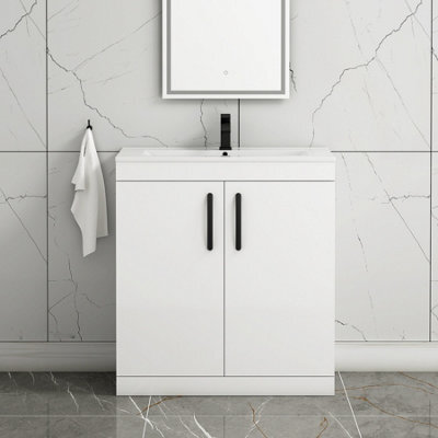 Royal Bathrooms Turin Gloss White 800mm Floor Standing Vanity Unit 2 Door With Minimalist Basin Sink & Matt Black Handles - image 1