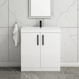 Royal Bathrooms Turin Gloss White 800mm Floor Standing Vanity Unit 2 Door With Minimalist Basin Sink & Matt Black Handles - thumbnail 1
