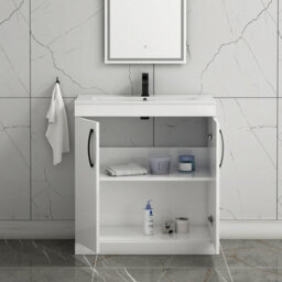 Royal Bathrooms Turin Gloss White 800mm Floor Standing Vanity Unit 2 Door With Minimalist Basin Sink & Matt Black Handles - thumbnail 5