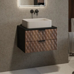 Arte Enzo Floating Vanity Unit 63Cm Black & Oak Catania, Wall-Mounted Bathroom Storage With 2 Drawers & Black Metal Handles