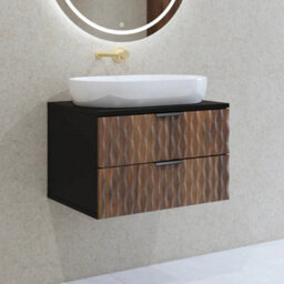 Arte Enzo Floating Vanity Unit 63Cm Black & Oak Catania, Wall-Mounted Bathroom Storage With 2 Drawers & Black Metal Handles - thumbnail 7