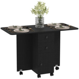 Folding Dining Table For 4-6 Drop Leaf Table On Wheels Black - thumbnail 1
