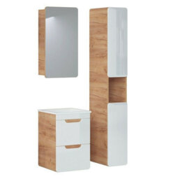 Impact Furniture Vanity Drawer Wall Cabinet With 400mm Sink With Tall Unit And Mirror Cabinet Bathroom Furniture Set White Gloss / Oak Aruba - thumbnail 9
