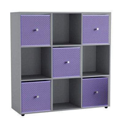Urbn-Living 9 Cube Grey Wooden Bookcase Shelving Unit With 5 Collapsible Fabric Drawers Lilac - image 1