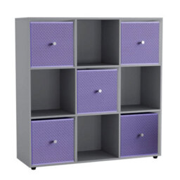 Urbn-Living 9 Cube Grey Wooden Bookcase Shelving Unit With 5 Collapsible Fabric Drawers Lilac