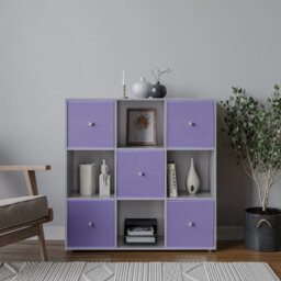 Urbn-Living 9 Cube Grey Wooden Bookcase Shelving Unit With 5 Collapsible Fabric Drawers Lilac - thumbnail 2