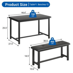 London Boutique Dining Table Set With 2 Benches, 3-Piece Space-Saving Kitchen & Dining Room Set 70D X 113W X 75H Cm, Metal Frame - thumbnail 2