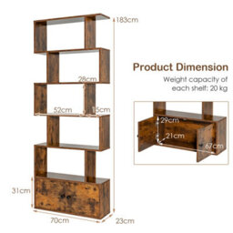 Costway 5-Tier Bookcase Industrial S-Shaped Bookshelf Display Rack W/ Cabinet - thumbnail 2