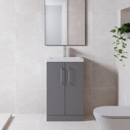 Balterley Bramshall Compact Bathroom Cloakroom Vanity Basin Unit With Polymarble Basin, Chrome Handles, 600mm, Satin Grey - thumbnail 2