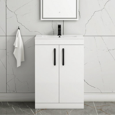 Royal Bathrooms Turin Gloss White 600mm Floor Standing Vanity Unit 2 Door With Minimalist Basin Sink & Matt Black Handles - image 1