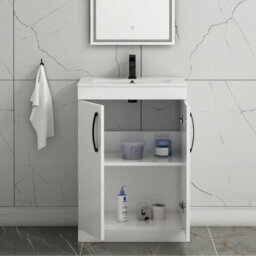 Royal Bathrooms Turin Gloss White 600mm Floor Standing Vanity Unit 2 Door With Minimalist Basin Sink & Matt Black Handles - thumbnail 3