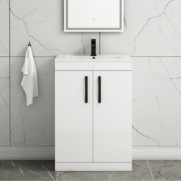 Royal Bathrooms Turin Gloss White 600mm Floor Standing Vanity Unit 2 Door With Minimalist Basin Sink & Matt Black Handles