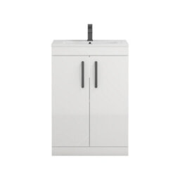 Royal Bathrooms Turin Gloss White 600mm Floor Standing Vanity Unit 2 Door With Minimalist Basin Sink & Matt Black Handles - thumbnail 6