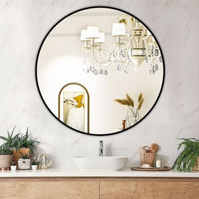 Living And Home Black Round Wall Mounted Bathroom Framed Mirror 70 Cm - image 1
