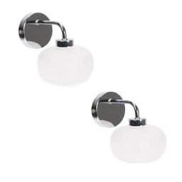 Valuelights Amaia Pair Of Chrome Ip44 Single Frosted Ribbed Glass Wall Lights With Led Bulbs