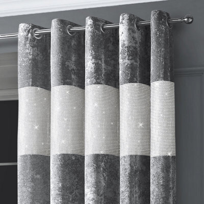 Intimates Diamante Velvet Fully Lined Curtains - Luxury Ring Top Window Drapes - Silver