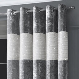 Intimates Diamante Velvet Fully Lined Curtains - Luxury Ring Top Window Drapes - Silver