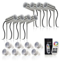Auraglow Stainless Steel Gu10 Holder Garden Spike Light - Colour Changing - 8 Pack