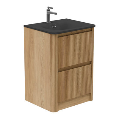 Plum&clay Isla Ribbed Fluted Oak Wood 2 Drawer Freestanding Bathroom Vanity Unit & Black Basin Set (W)600mm - image 1