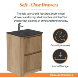 Plum&clay Isla Ribbed Fluted Oak Wood 2 Drawer Freestanding Bathroom Vanity Unit & Black Basin Set (W)600mm - thumbnail 4