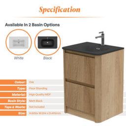 Plum&clay Isla Ribbed Fluted Oak Wood 2 Drawer Freestanding Bathroom Vanity Unit & Black Basin Set (W)600mm - thumbnail 5