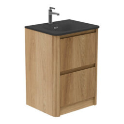 Plum&clay Isla Ribbed Fluted Oak Wood 2 Drawer Freestanding Bathroom Vanity Unit & Black Basin Set (W)600mm - thumbnail 1