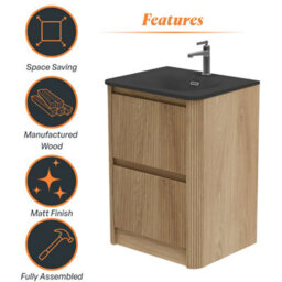 Plum&clay Isla Ribbed Fluted Oak Wood 2 Drawer Freestanding Bathroom Vanity Unit & Black Basin Set (W)600mm - thumbnail 6