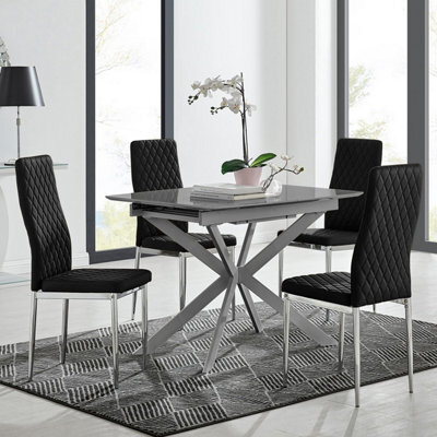 Furniturebox Uk Lira 100Cm Grey Metal Extending Dining Table & 4 Black Velvet Milan Chairs - image 1
