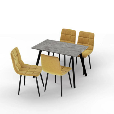 Urbn-Living Urbn Living 110Cm Dining Table & 4 Pcs Velvet Chairs Set Modern Metal Kitchen Furniture Concrete Table And Curly Yellow Chair - image 1
