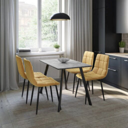 Urbn-Living Urbn Living 110Cm Dining Table & 4 Pcs Velvet Chairs Set Modern Metal Kitchen Furniture Concrete Table And Curly Yellow Chair - thumbnail 3