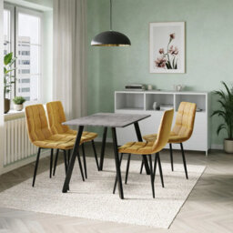 Urbn-Living Urbn Living 110Cm Dining Table & 4 Pcs Velvet Chairs Set Modern Metal Kitchen Furniture Concrete Table And Curly Yellow Chair - thumbnail 2
