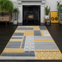 Loomed Yellow Ochre Grey Floral Patchwork Living Room Rug 190X280Cm - thumbnail 1