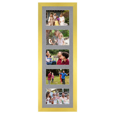 AK Frames 26X8 Gold Modern Multi Photo Frame With Mid Grey Mount - Holds 5 Apertures (5X) 6X4 Photos - image 1