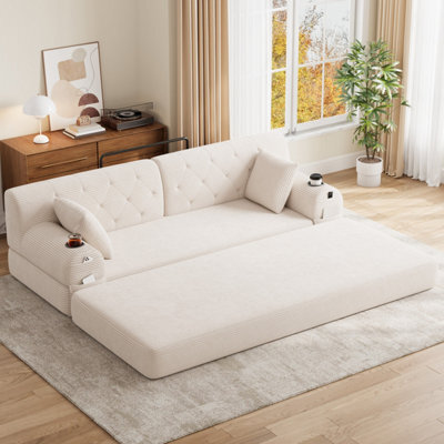 Matteo 3-Seater Beige Corduroy Sofa Bed With High Back, Metal Frame, Foam Filling & Storage Pockets - image 1