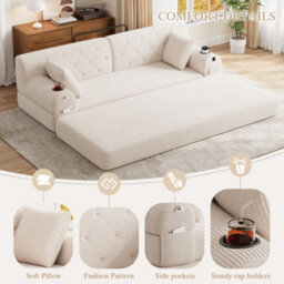 Matteo 3-Seater Beige Corduroy Sofa Bed With High Back, Metal Frame, Foam Filling & Storage Pockets - thumbnail 4