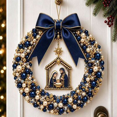 Amorly Diy Christmas Pearl Wreath Kit, Handmade Beaded Holiday Door Decor With Beads, Ribbon And Instructions, Craft Gift (Nativity) - image 1