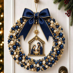 Amorly Diy Christmas Pearl Wreath Kit, Handmade Beaded Holiday Door Decor With Beads, Ribbon And Instructions, Craft Gift (Nativity) - thumbnail 2