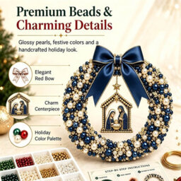 Amorly Diy Christmas Pearl Wreath Kit, Handmade Beaded Holiday Door Decor With Beads, Ribbon And Instructions, Craft Gift (Nativity) - thumbnail 3