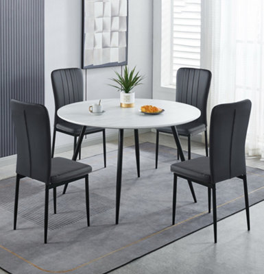 Hallowood Furniture Cullompton Large Round Dining Table 120Cm, White Marble Effect Top, With 4 Black Faux Leather High Back Chairs - image 1