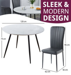 Hallowood Furniture Cullompton Large Round Dining Table 120Cm, White Marble Effect Top, With 4 Black Faux Leather High Back Chairs - thumbnail 3
