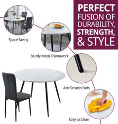 Hallowood Furniture Cullompton Large Round Dining Table 120Cm, White Marble Effect Top, With 4 Black Faux Leather High Back Chairs - thumbnail 2