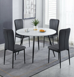 Hallowood Furniture Cullompton Large Round Dining Table 120Cm, White Marble Effect Top, With 4 Black Faux Leather High Back Chairs - thumbnail 1