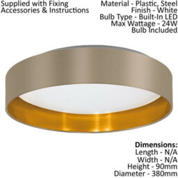 Elegant Flush Ceiling Light With Taupe Gold Fabric Shade And Led Bulb - thumbnail 2