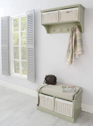 Statement Furniture Tetbury 2 White Wicker Basket And Cream Cushion Hallway Set - Sage Green - thumbnail 2